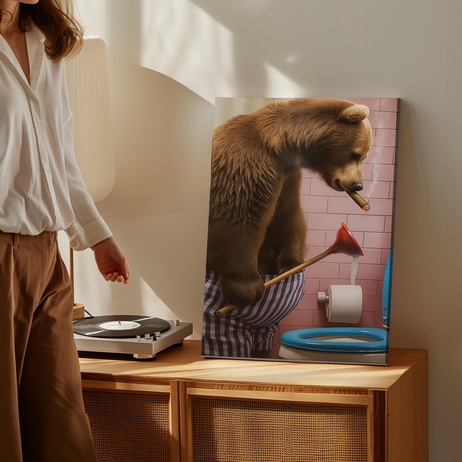 Blisscorners Cigar Bear Plunger Canvas Hilarious Bathroom Wall Art LM2611