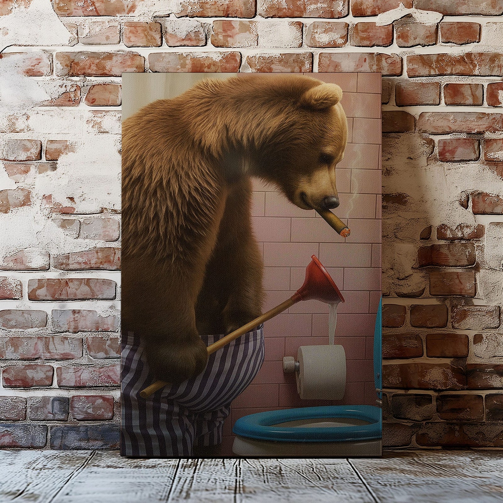 Blisscorners Cigar Bear Plunger Canvas Hilarious Bathroom Wall Art LM2611