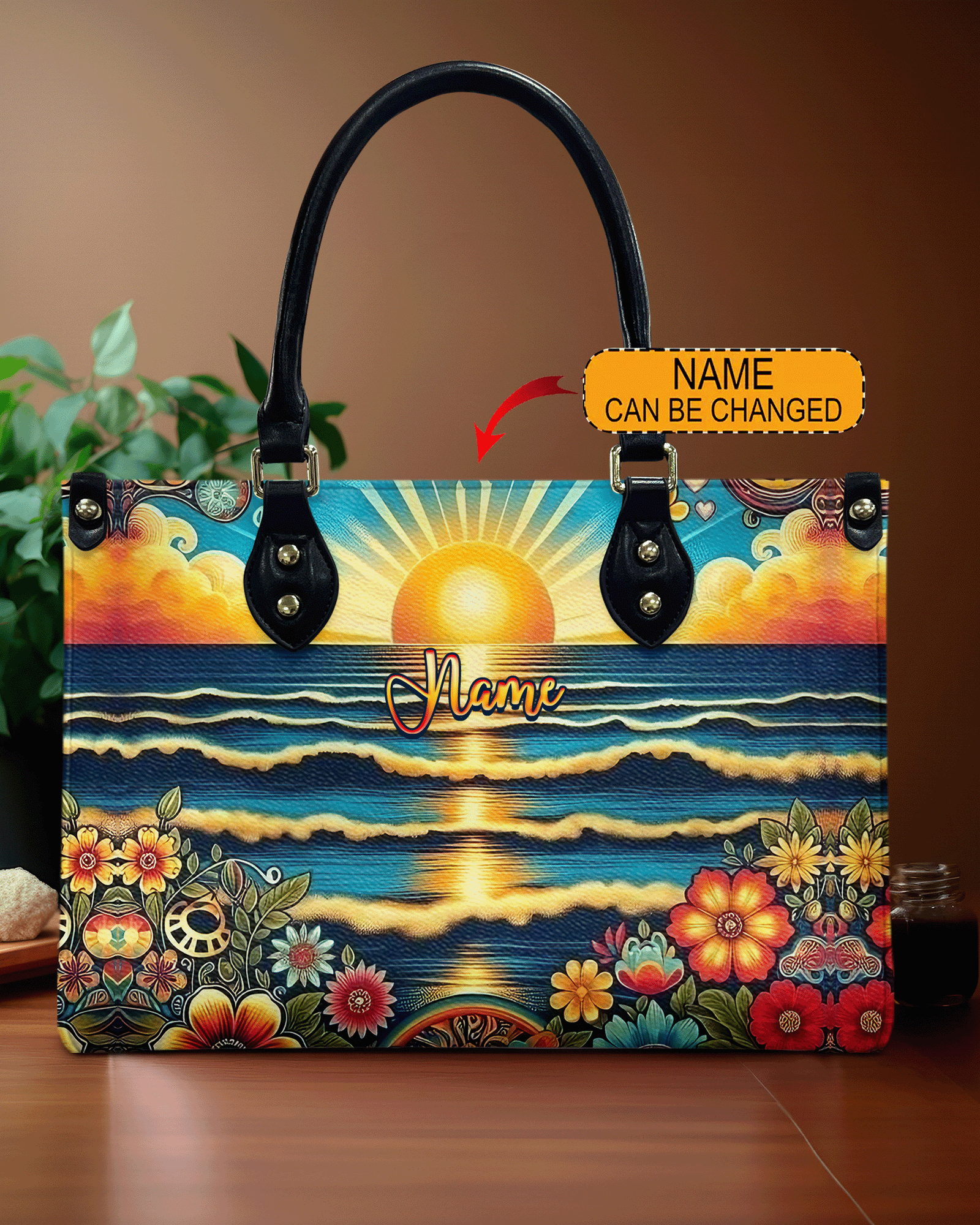 BLISSCORNERS PAINTING SEA SUNSET LEATHER HANDBAG