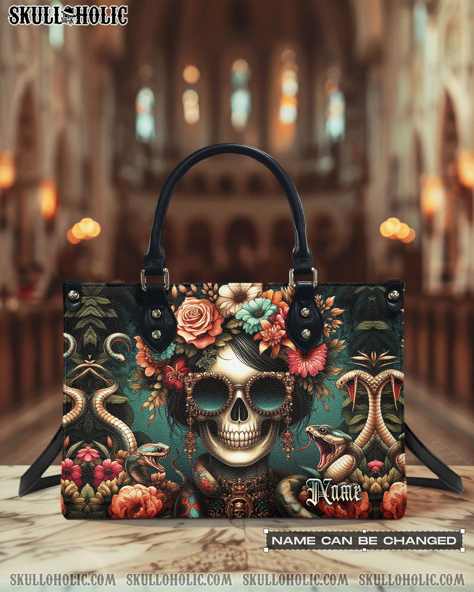 BLISSCORNERS FLORAL SNAKE SKULL LADY LEATHER HANDBAG