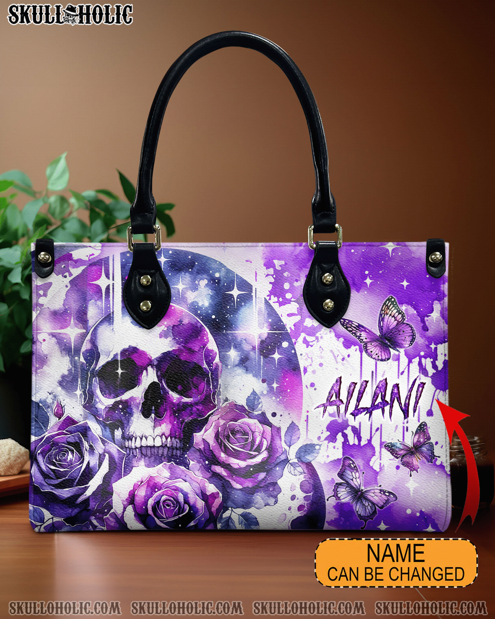 BLISSCORNERS PURPLE SKULL ROSE LEATHER HANDBAG