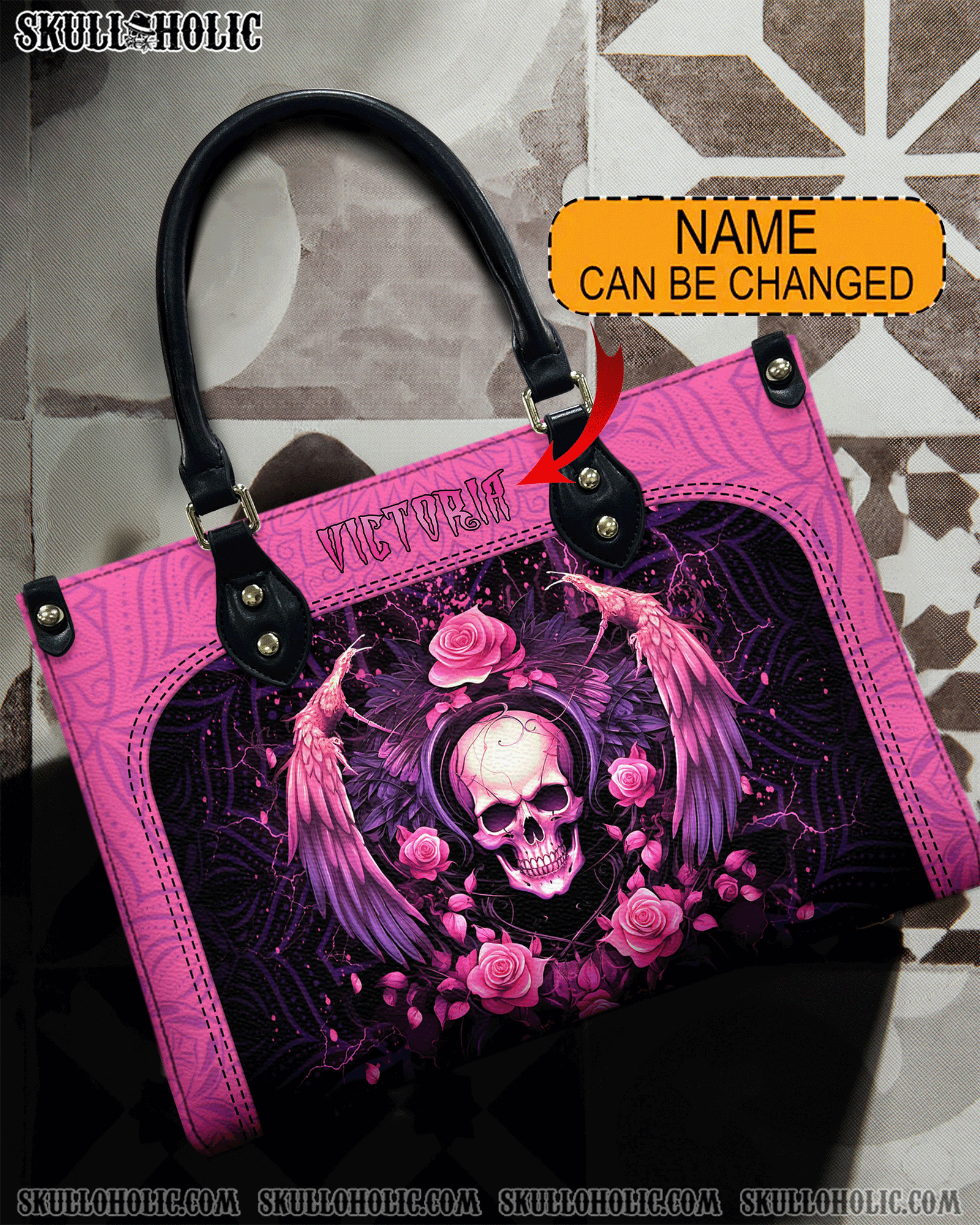 BLISSCORNERS PINK SKULL WINGS ROSE LEATHER HANDBAG