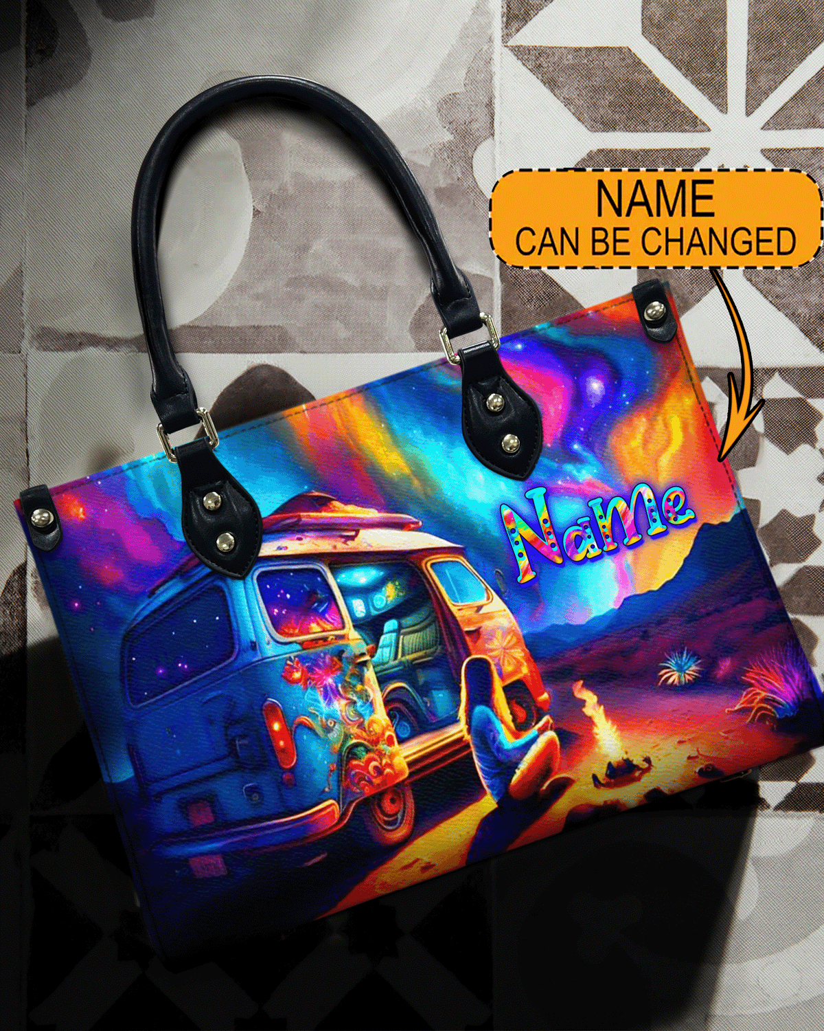 BLISSCORNERS CAMPING AT NIGHT WITH CAMPFIRE LEATHER HANDBAG