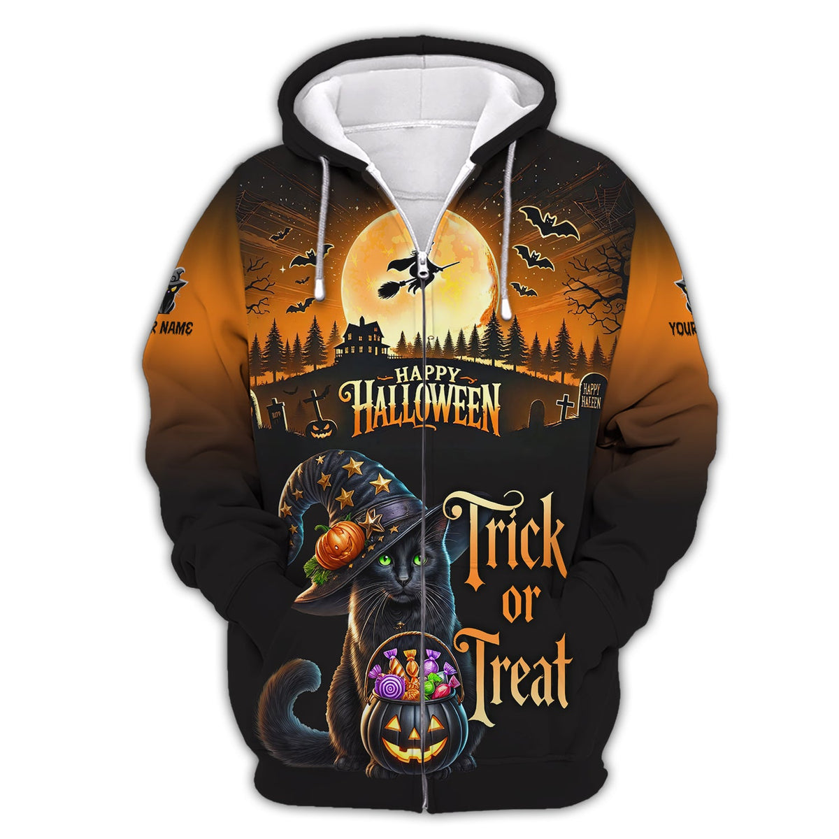 Blisscorners Black Cat Halloween Custom Name 3D Shirt Trick Or Treat Shirts Gift For Halloween Lovers
