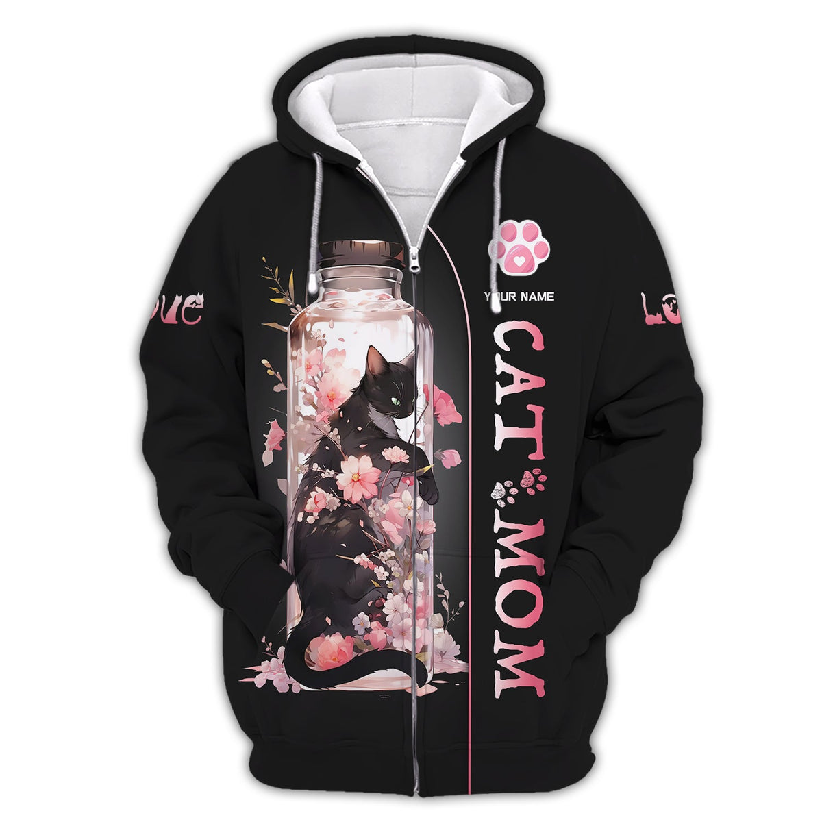 Blisscorners Black Cat In Cherry Blossom Jar Custom Name Cat Mom 3D Shirt Gift For Cat Lovers