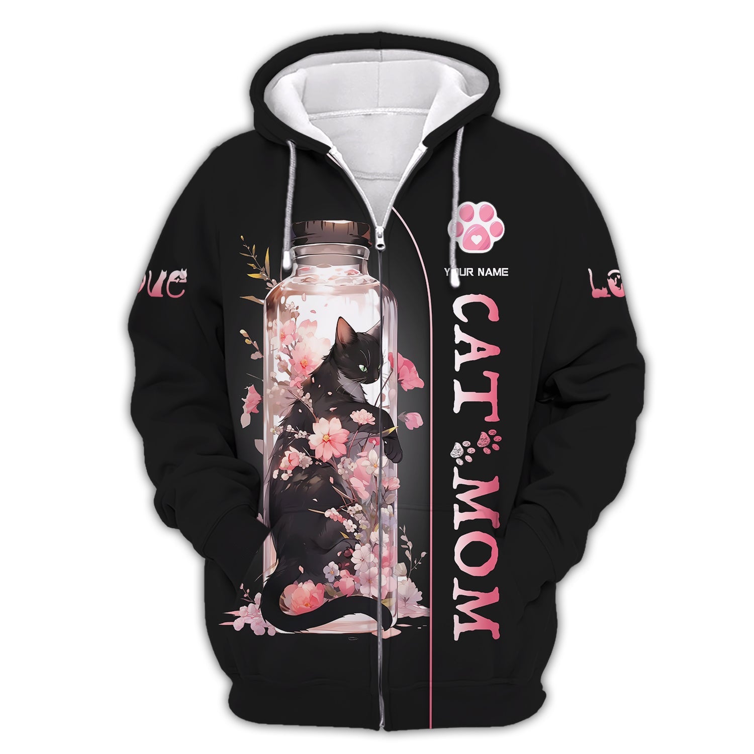 Blisscorners Black Cat In Cherry Blossom Jar Custom Name Cat Mom 3D Shirt Gift For Cat Lovers