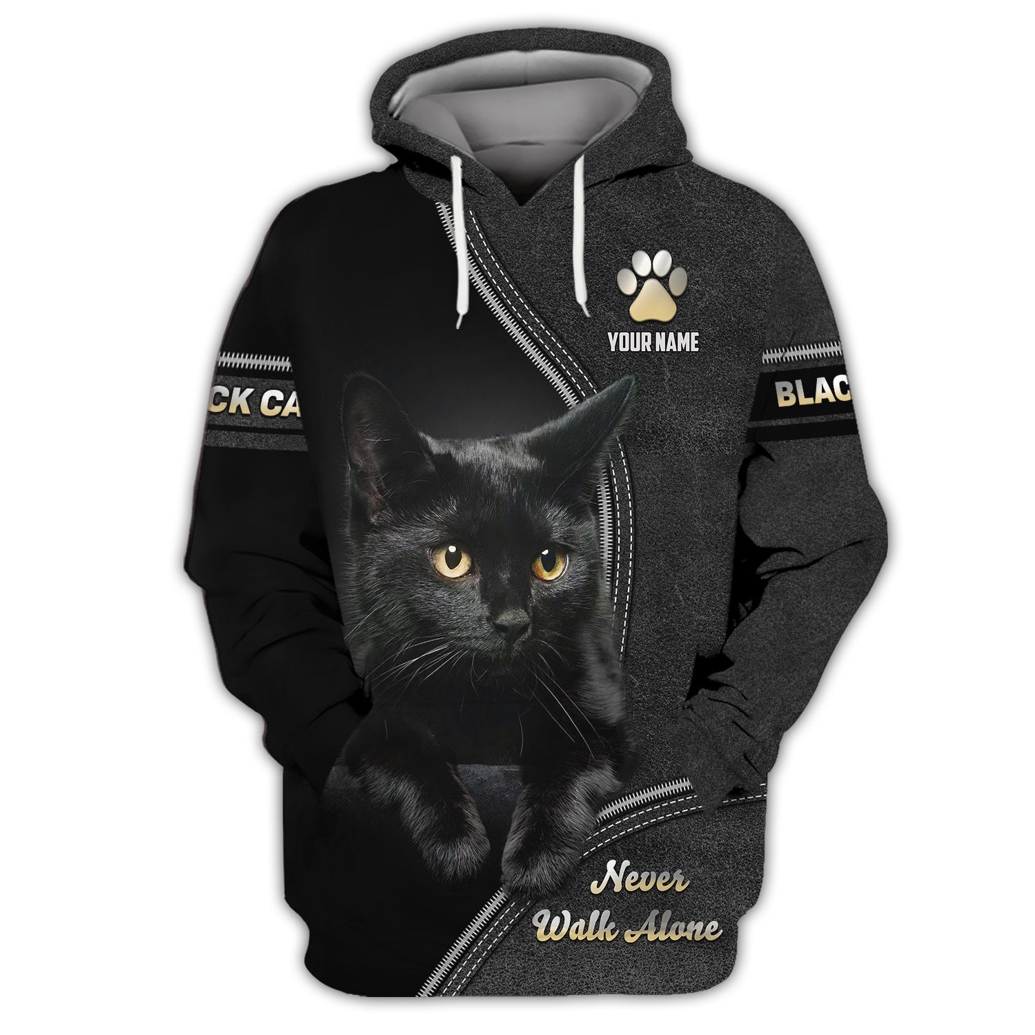 Blisscorners Custom Black Cat T-Shirt Never Walk Alone Personalized Name Gift For Cat Lovers