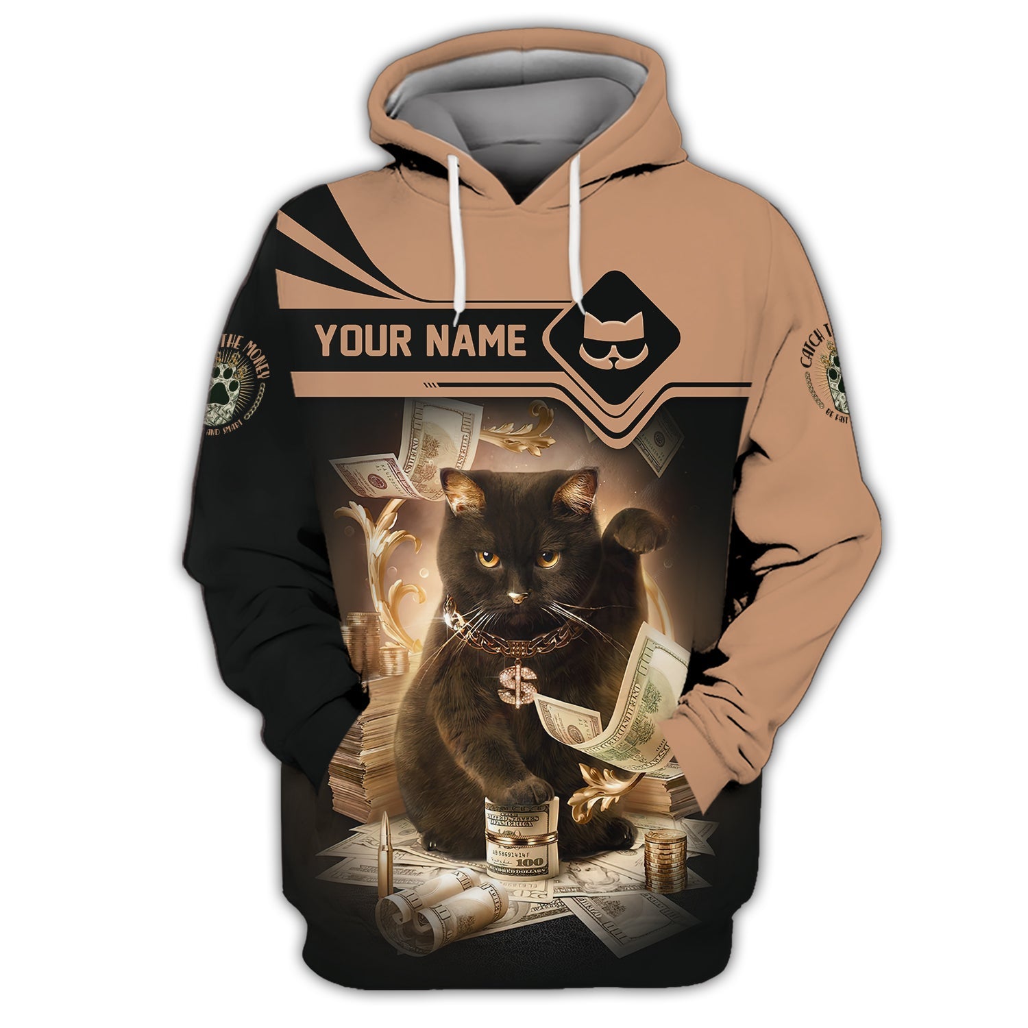 Blisscorners Lucky Black Cat Money Dollar Custom Name 3D Shirt Gift For Cat Lovers