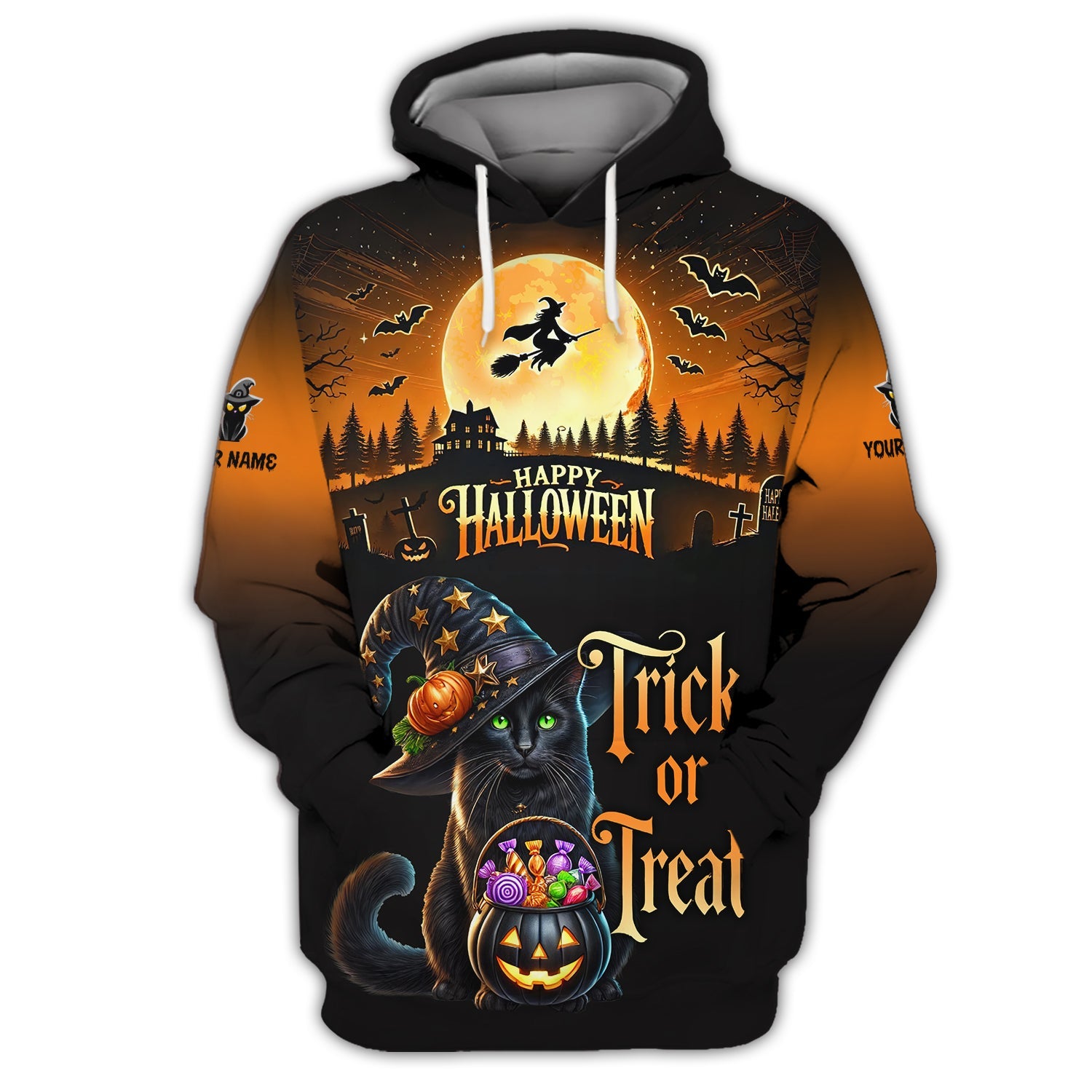 Blisscorners Black Cat Halloween Custom Name 3D Shirt Trick Or Treat Shirts Gift For Halloween Lovers