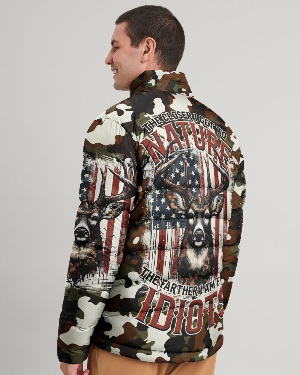 BLISSCORNERS THE CLOSER I GET TO NATURE DEER CAMO PUFFER JACKET