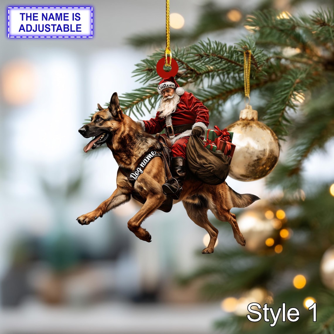 Blisscorners Santa Riding German Shepherd Christmas Ornament - Funny Dog Lover Tree Hanging Decoration, Holiday Pet Gift, Custom German Shepherd Ornament2D Flat LM2511