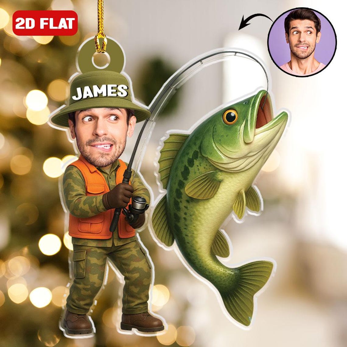 Blisscorners Custom Fishing Photo Ornament Personalized Fishing Picture Ornament For Dads Fly Fisherman Angler Bass Trout Fish Ornament Reel Cool Grandpa