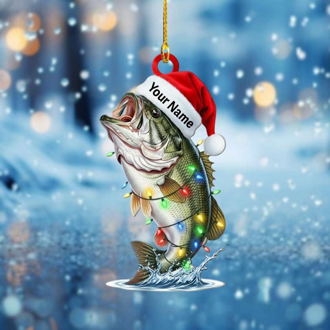 Blisscorners Personalized Bass Fish Christmas Ornament, Custom Name Fishing Gift for Dad/Him, Santa Hat Largemouth Bass Tree Decor