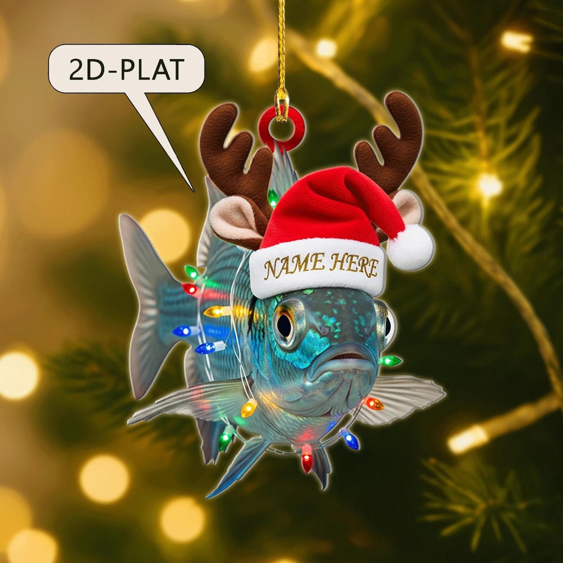Blisscorners Personalized Funny Fish Christmas Ornament 2025 • Custom Name Bluegill with Santa Hat & Antlers • Fisherman Gift • Fishing Tree Decor