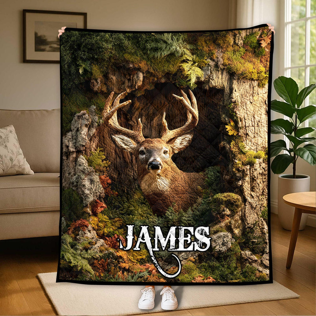 Blisscorners Personalized Deer Hunting Quilt Blanket, Deer Hunting Home Decor, Housewarming Gift for Hunter, Natural Lover Home Decor, Deer Blanket LM1611