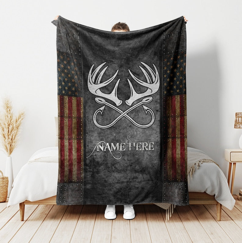 Blisscorners Custom Name Hunting Fishing USA Flag Blanket