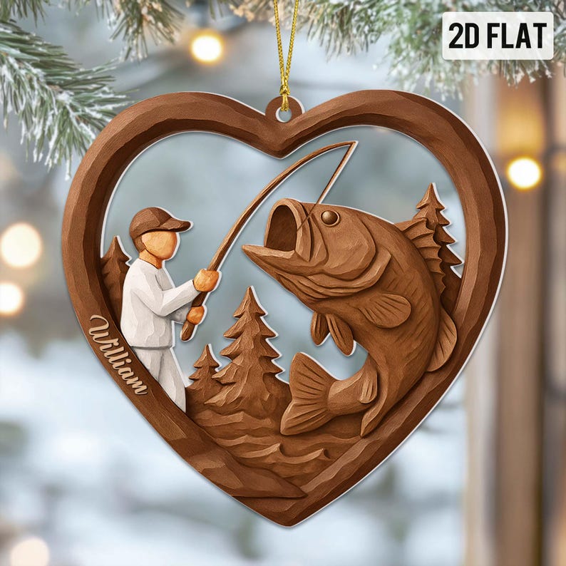 Blisscorners Custom Faux Wood 2D Flat Christmas Fisherman Acrylic Ornament – Faux 3D Fishing Lover Acrylic Ornament, Xmas Fisherman Keepsake 2D Flat