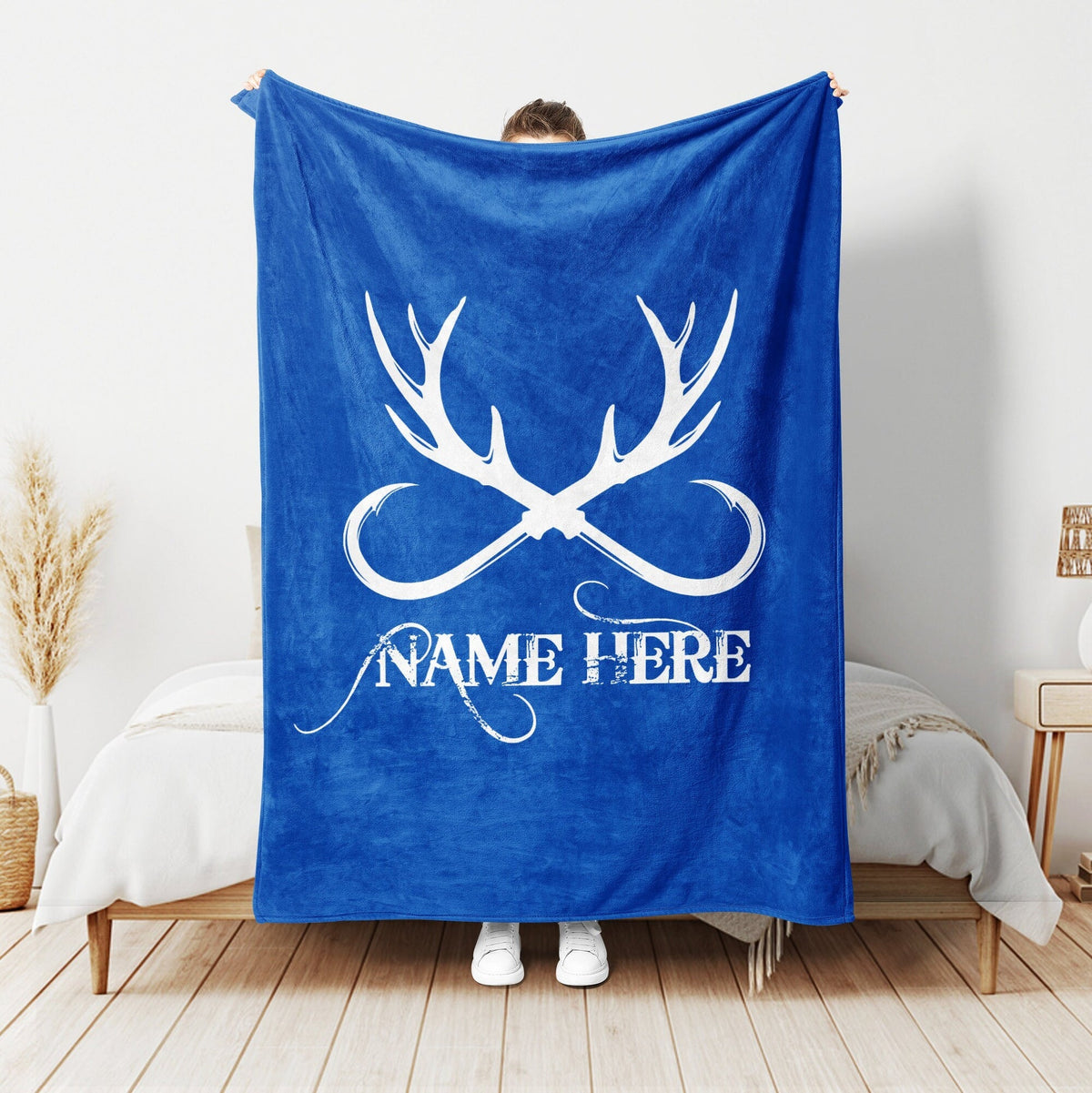 Blisscorners Personalized Deer Hunting Blanket, Fishing Blanket, Custom Name Soft Cozy Sherpa Fleece Throw Blankets, Gift For Grandpa, Dad, Husband, Son | Blue LM1711
