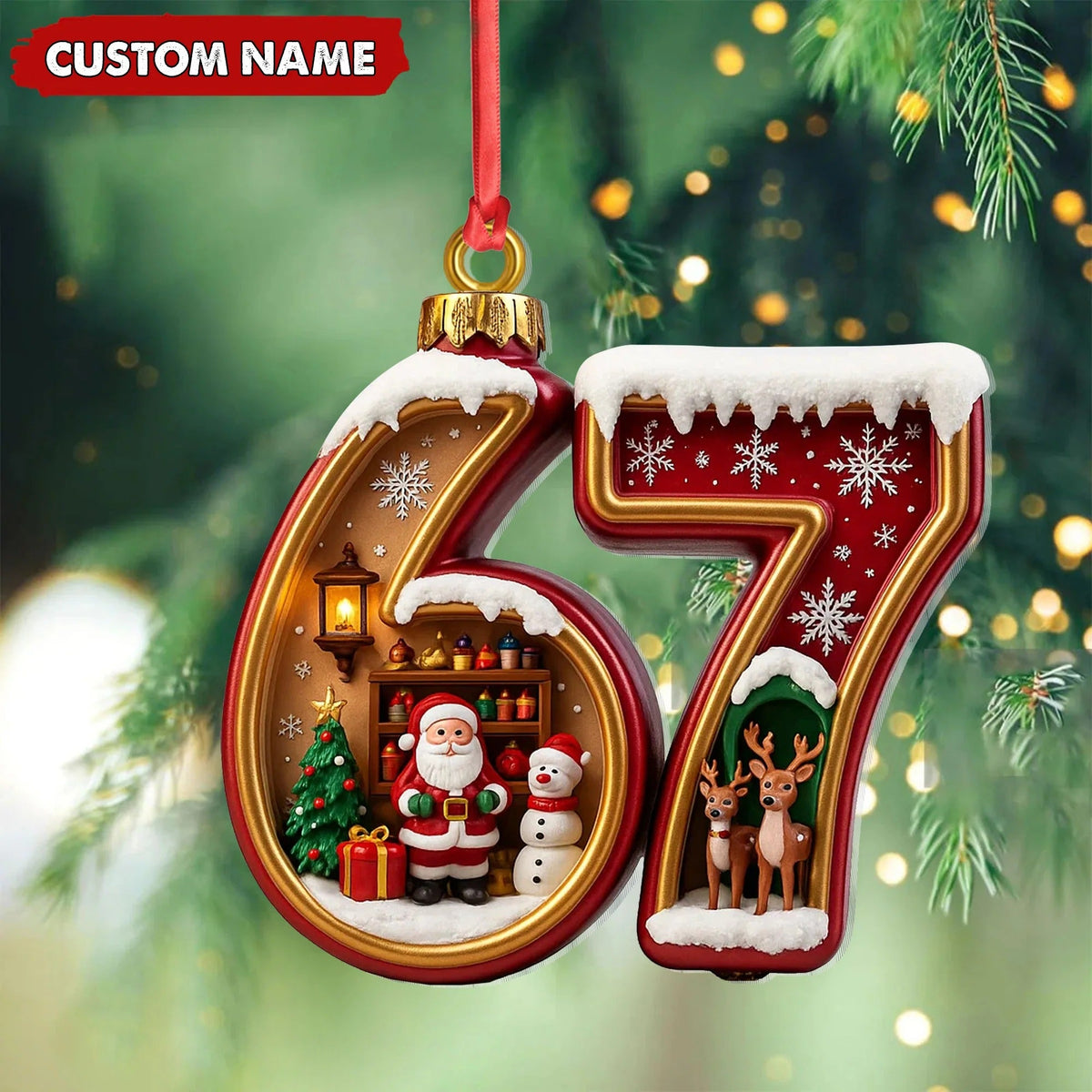 Blisscorners Personalized 67 Christmas Ornament, Custom Name Santa & Reindeer Number 67 Bauble, Holiday Tree Decoration