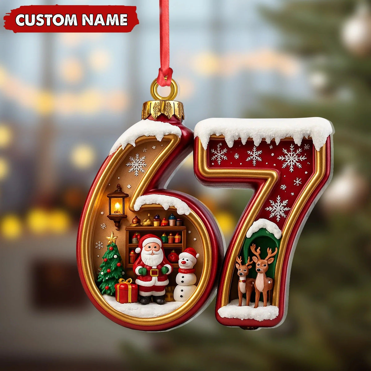 Blisscorners Personalized 67 Christmas Ornament, Custom Name Santa & Reindeer Number 67 Bauble, Holiday Tree Decoration