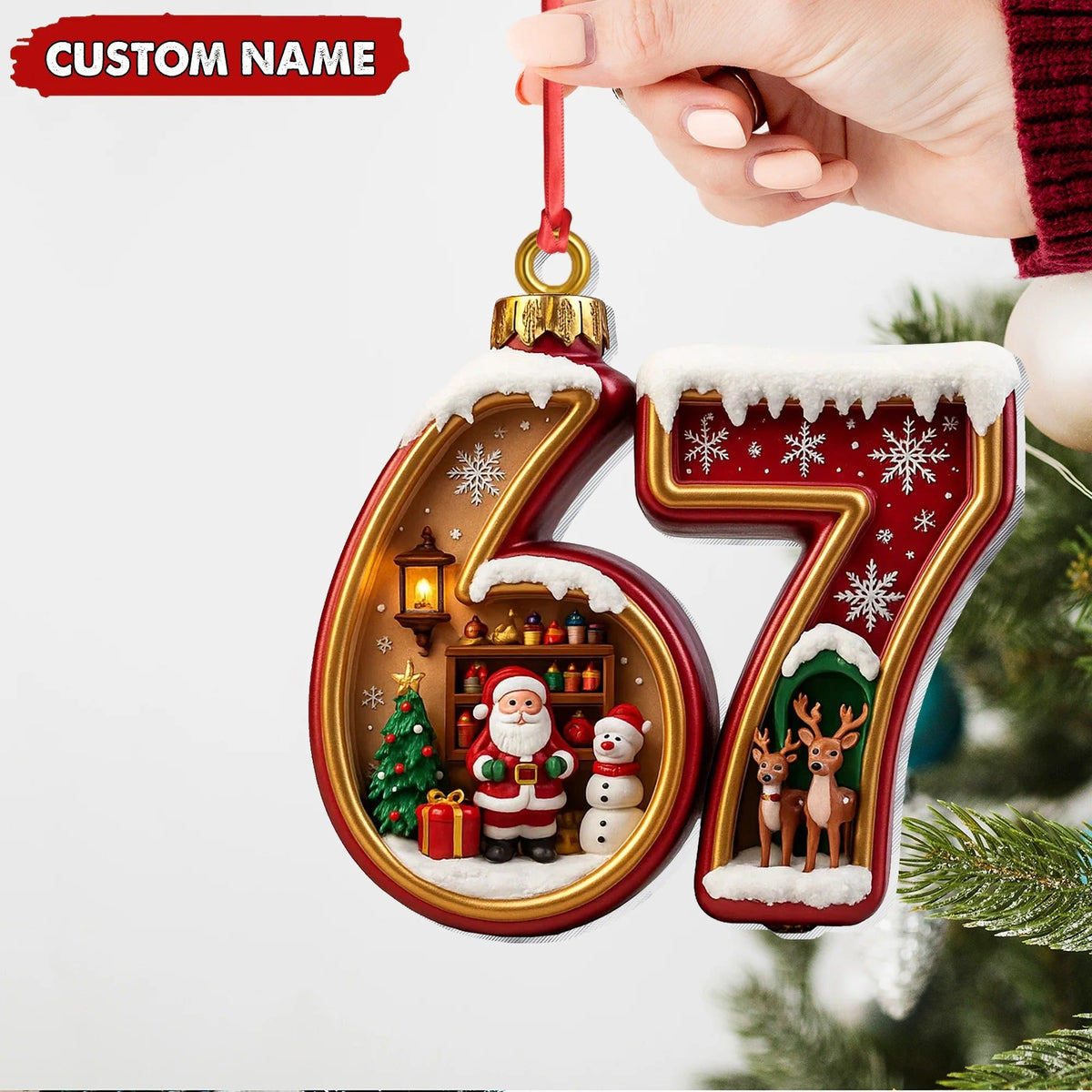Blisscorners Personalized 67 Christmas Ornament, Custom Name Santa & Reindeer Number 67 Bauble, Holiday Tree Decoration