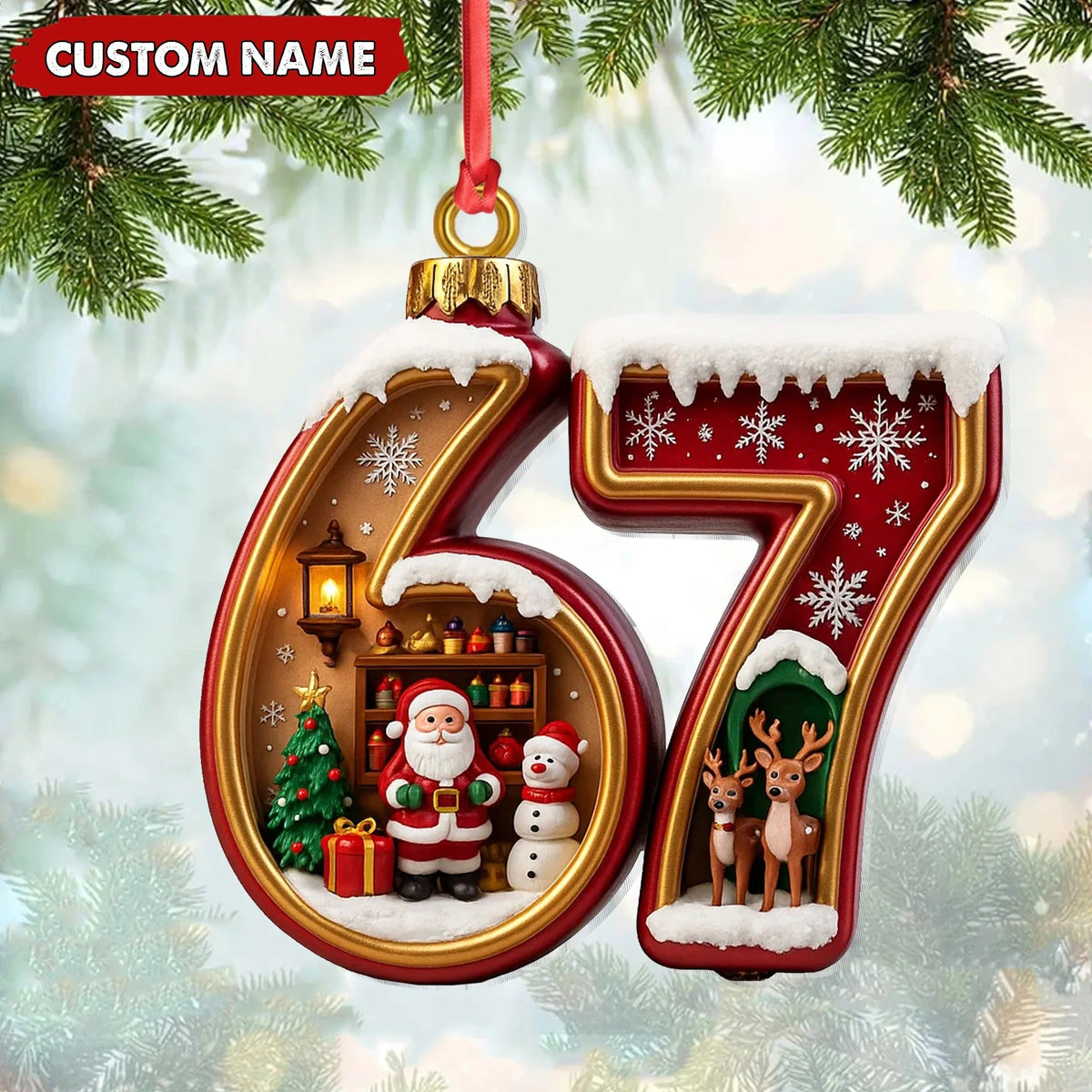 Blisscorners Personalized 67 Christmas Ornament, Custom Name Santa & Reindeer Number 67 Bauble, Holiday Tree Decoration