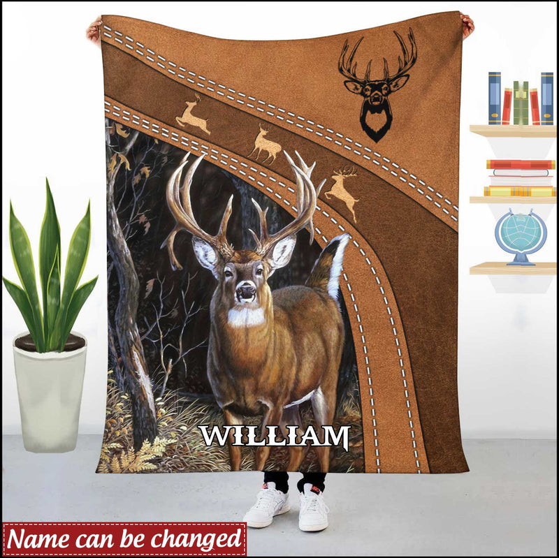 Blisscorners White-Tailed Deer hunting Leather Pattern Personalized Fleece - Blanket
