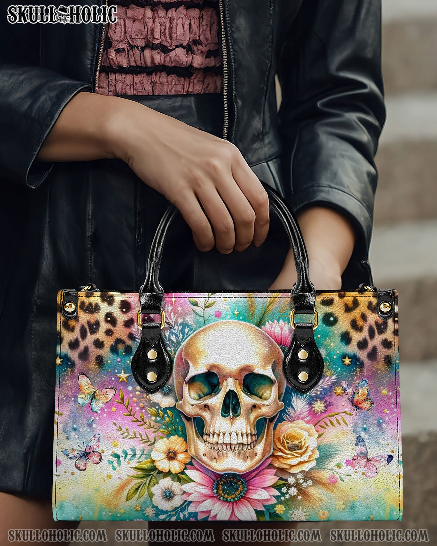 BLISSCORNERS SKULL FLOWERS LEATHER HANDBAG