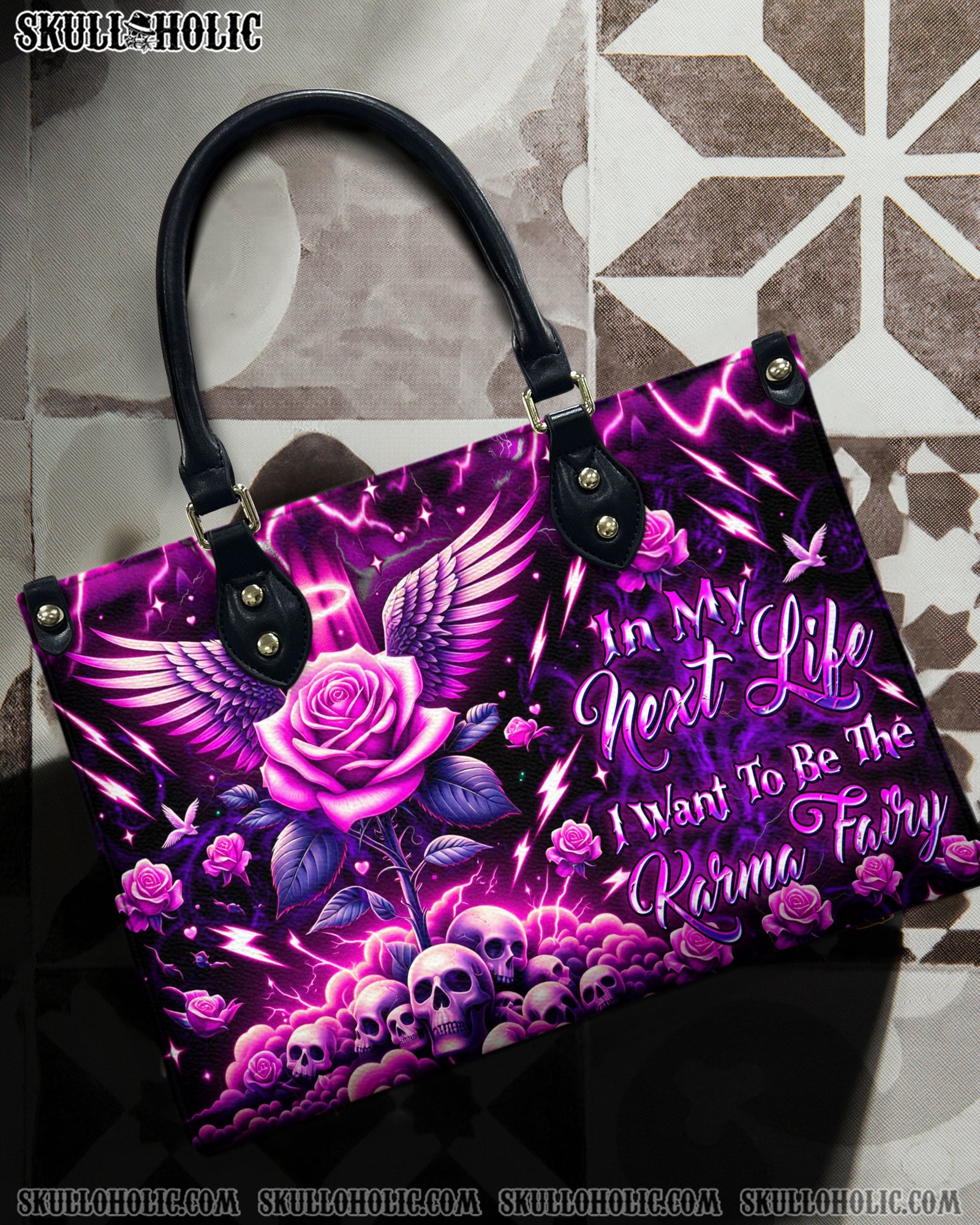 BLISSCORNERS KARMA FAIRY SKULL ROSE WINGS LEATHER HANDBAG