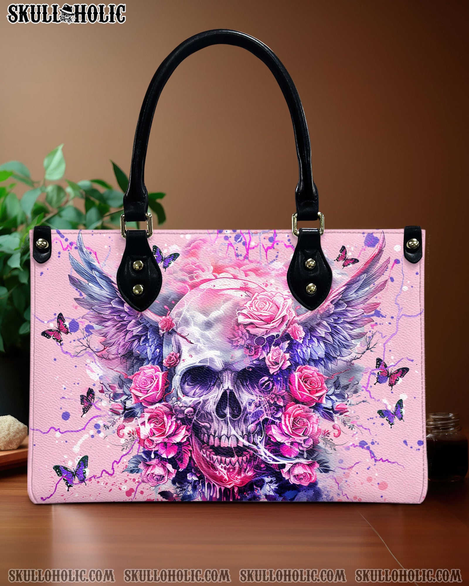BLISSCORNERS I AM THE STORM SKULL ROSES WINGS LEATHER HANDBAG