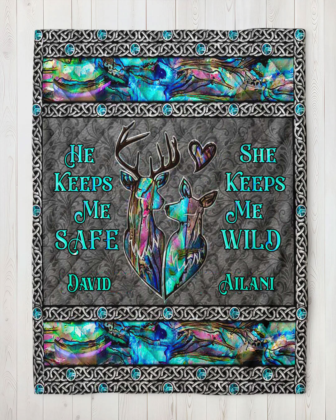 BLISSCORNERS PERSONALIZED HE KEEPS ME SAFE SHE KEEPS ME WILD COUPLE DEER FLEECE BLANKET