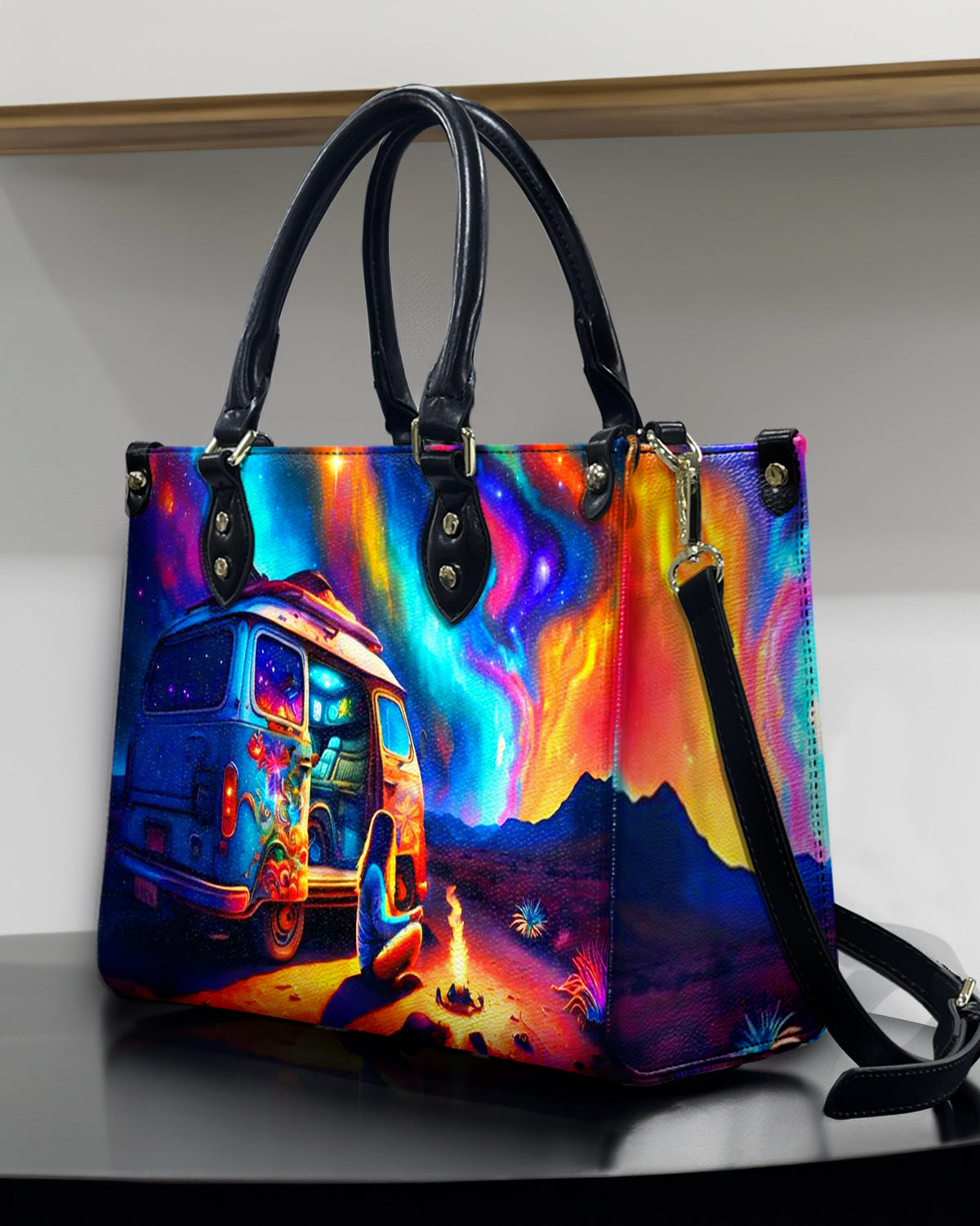 BLISSCORNERS CAMPING AT NIGHT WITH CAMPFIRE LEATHER HANDBAG