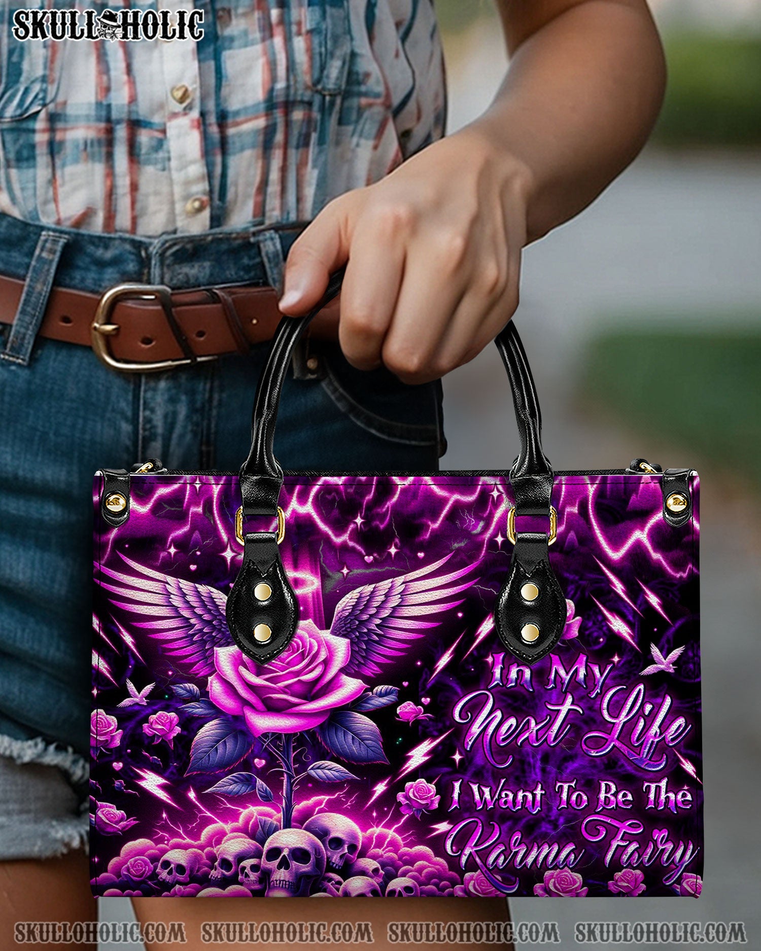BLISSCORNERS KARMA FAIRY SKULL ROSE WINGS LEATHER HANDBAG