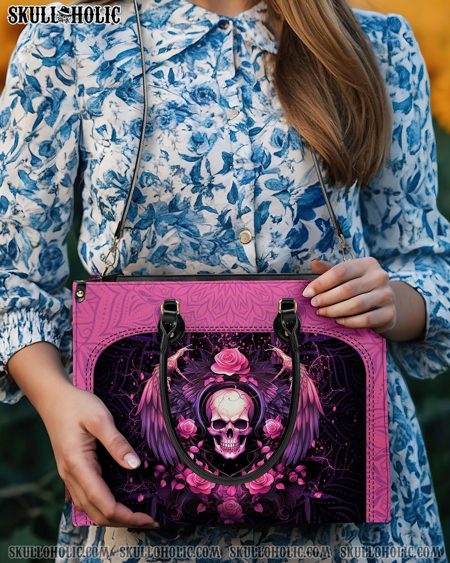 BLISSCORNERS PINK SKULL WINGS ROSE LEATHER HANDBAG