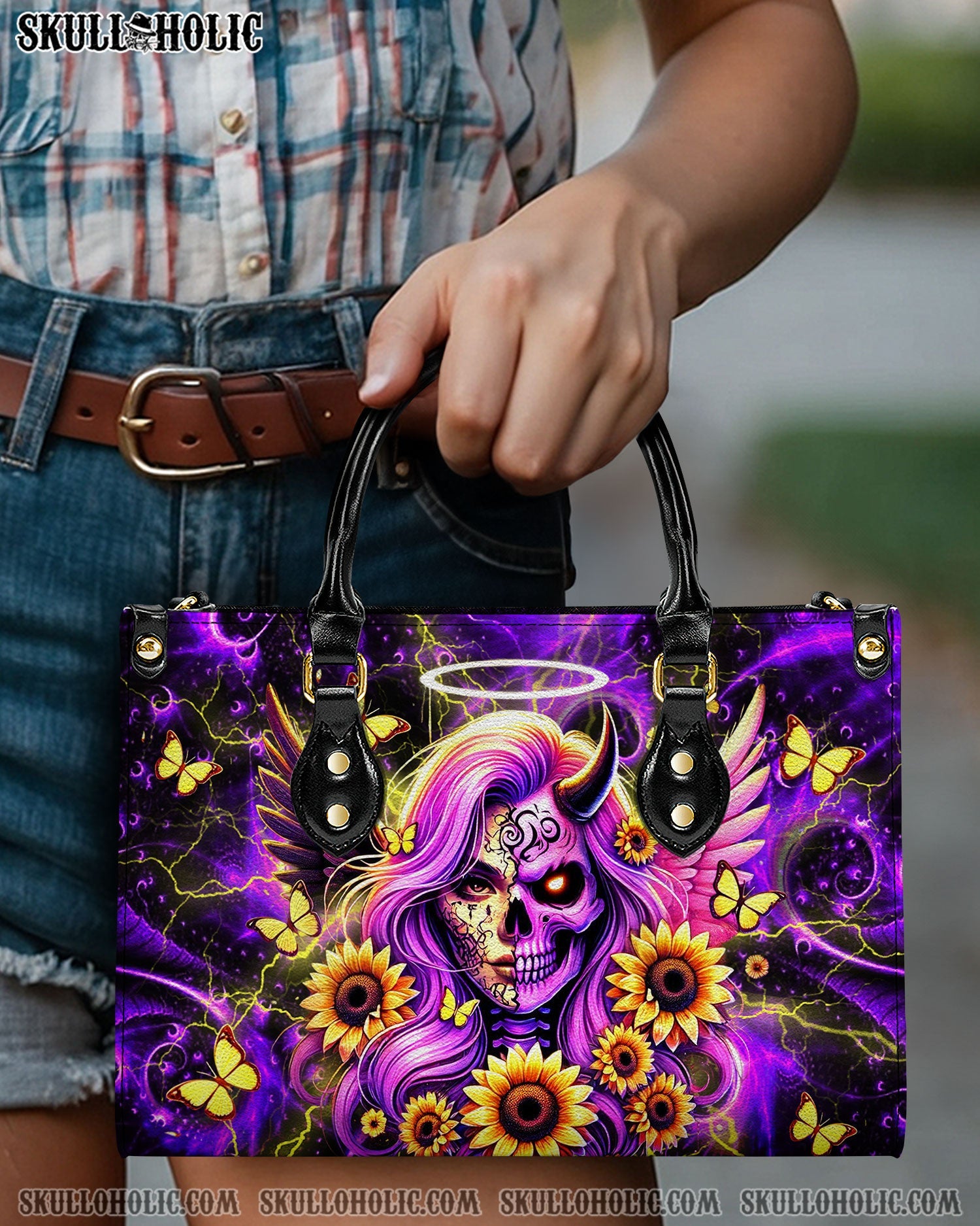BLISSCORNERS SKULL LADY SUNFLOWER LEATHER HANDBAG