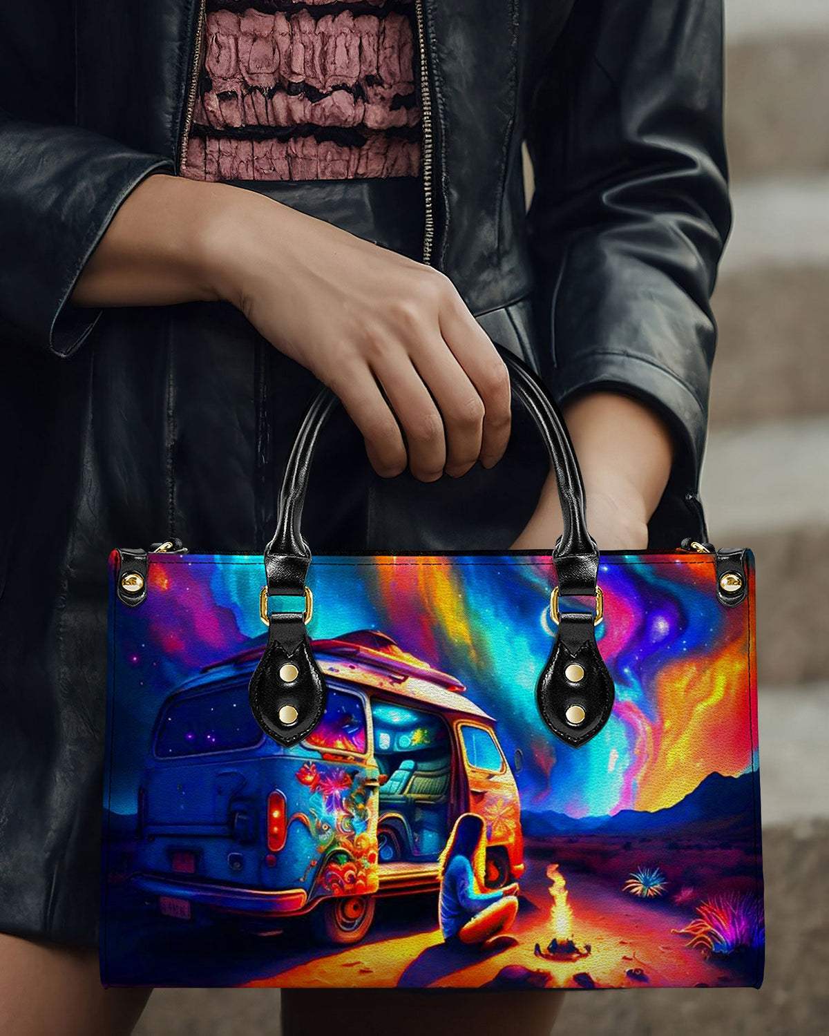 BLISSCORNERS CAMPING AT NIGHT WITH CAMPFIRE LEATHER HANDBAG