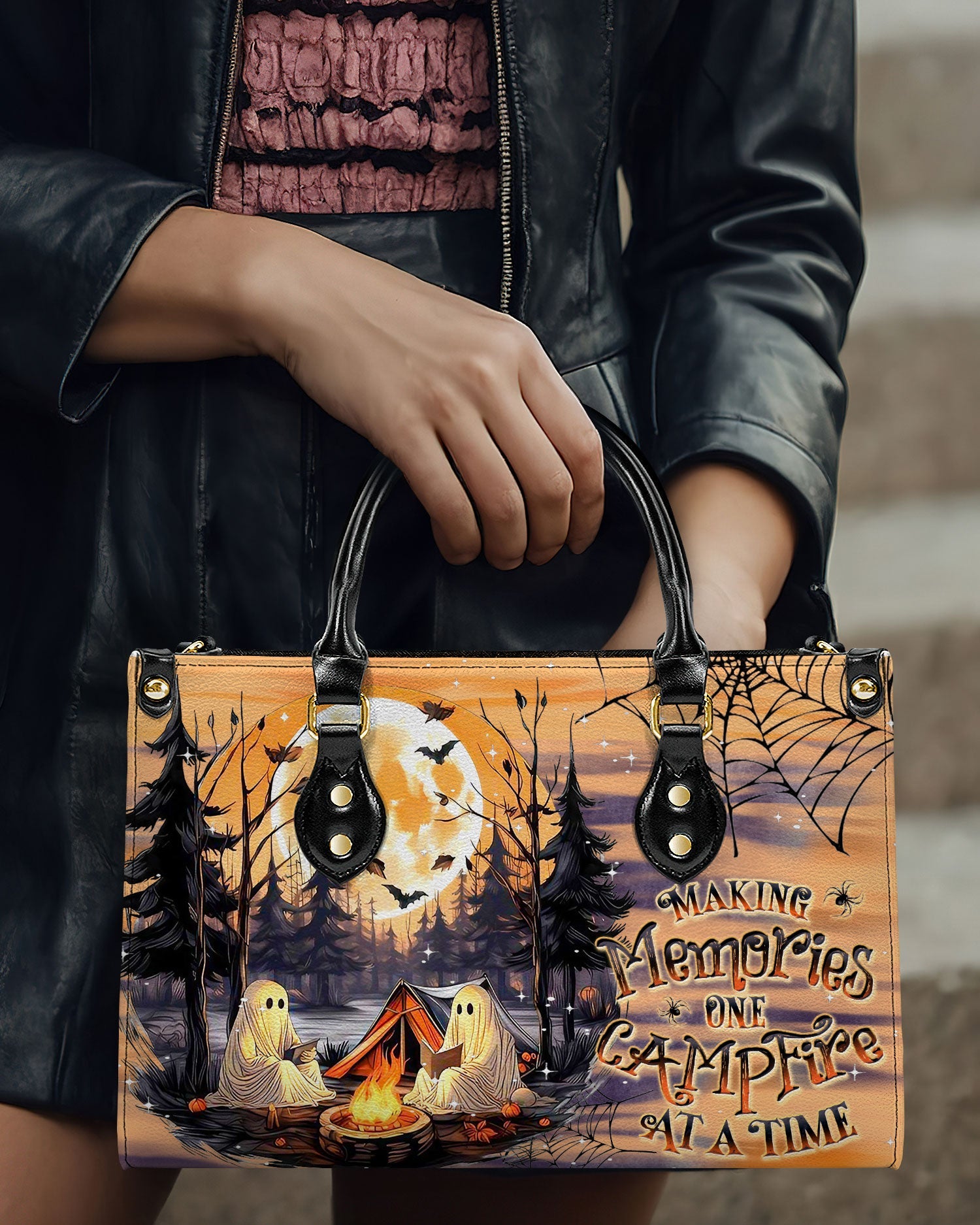 BLISSCORNERS MAKING MEMORIES ONE CAMPFIRE HALLOWEEN LEATHER HANDBAG