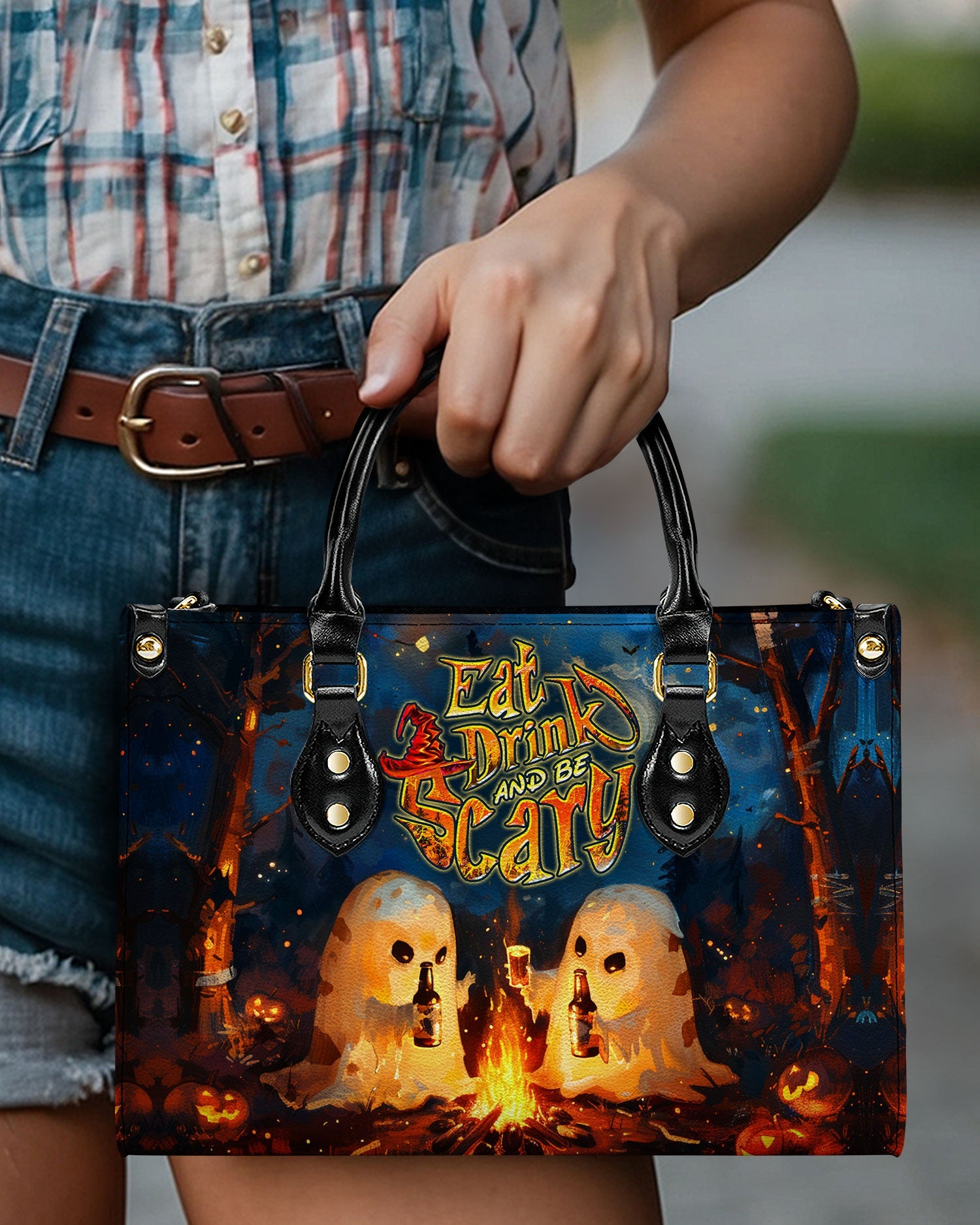 BLISSCORNERS EAT DRINK AND BE SCARY HALLOWEEN LEATHER HANDBAG