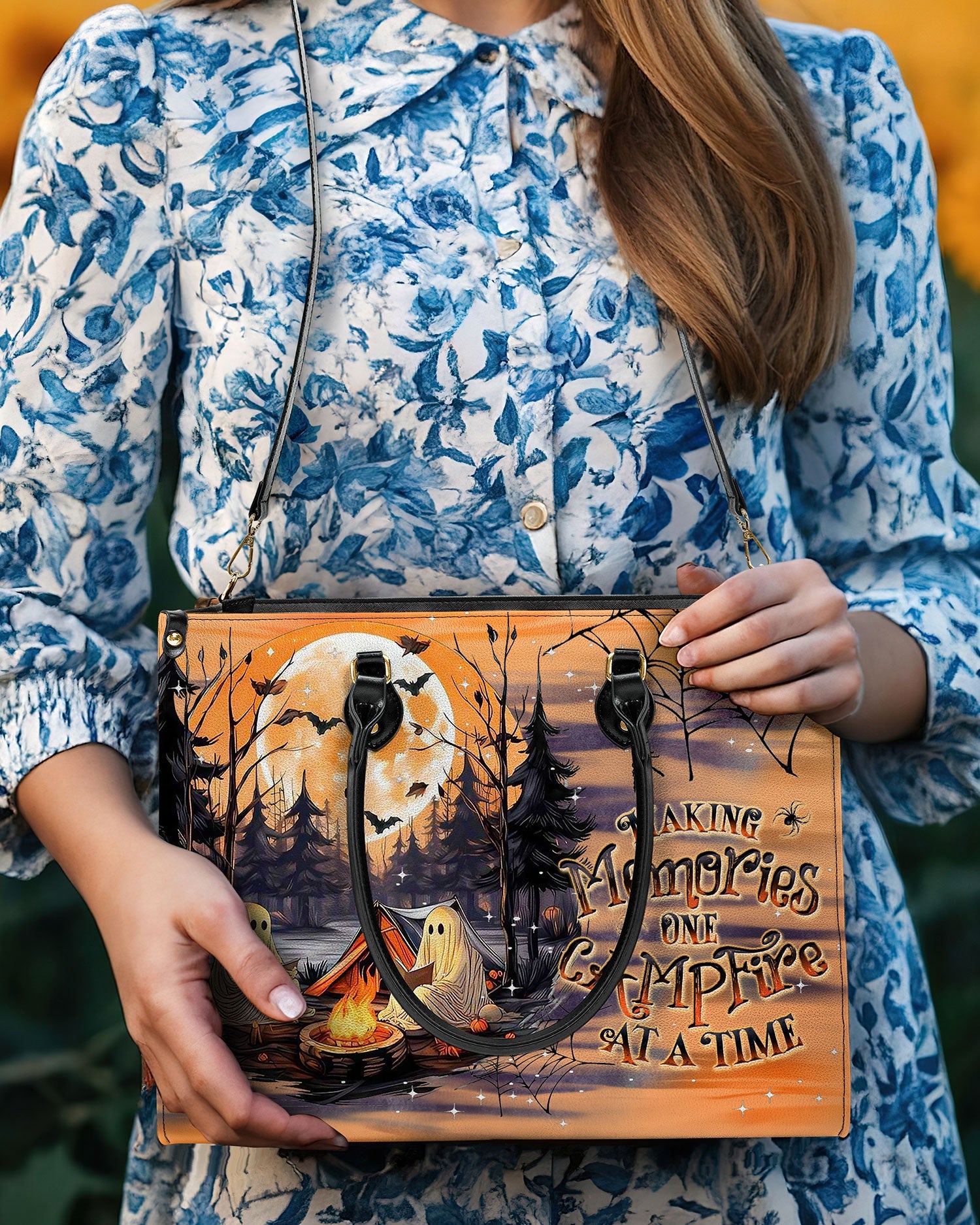 BLISSCORNERS MAKING MEMORIES ONE CAMPFIRE HALLOWEEN LEATHER HANDBAG
