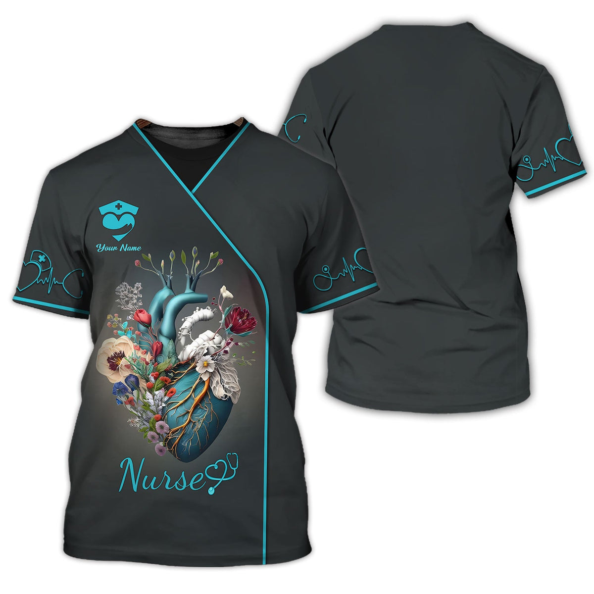 Blisscorners Personalized Nurse Shirt - Artistic Anatomy and Floral Design for Healthcare Professionals