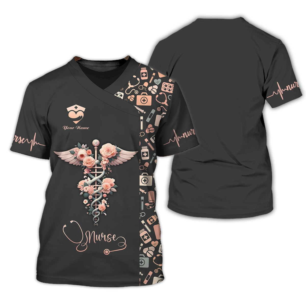 Blisscorners Personalized Nurse Shirt, Floral Caduceus with Angelic Wings Design
