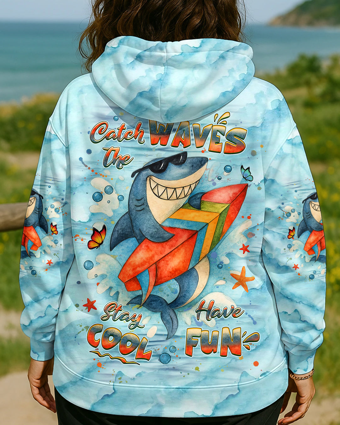 BLISSCORNERS CATCH THE WAVES STAY COOL HAVE FUN SHARK ALL OVER PRINT