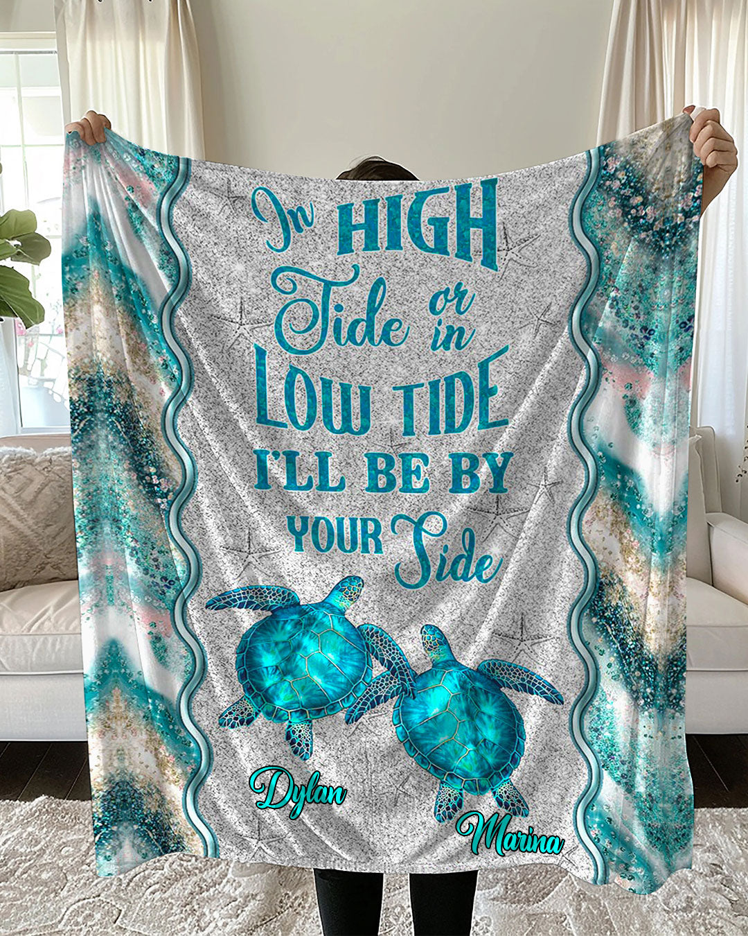 BLISSCORNERS PERSONALIZED IN HIGH TIDE COUPLE TURTLE FLEECE BLANKET