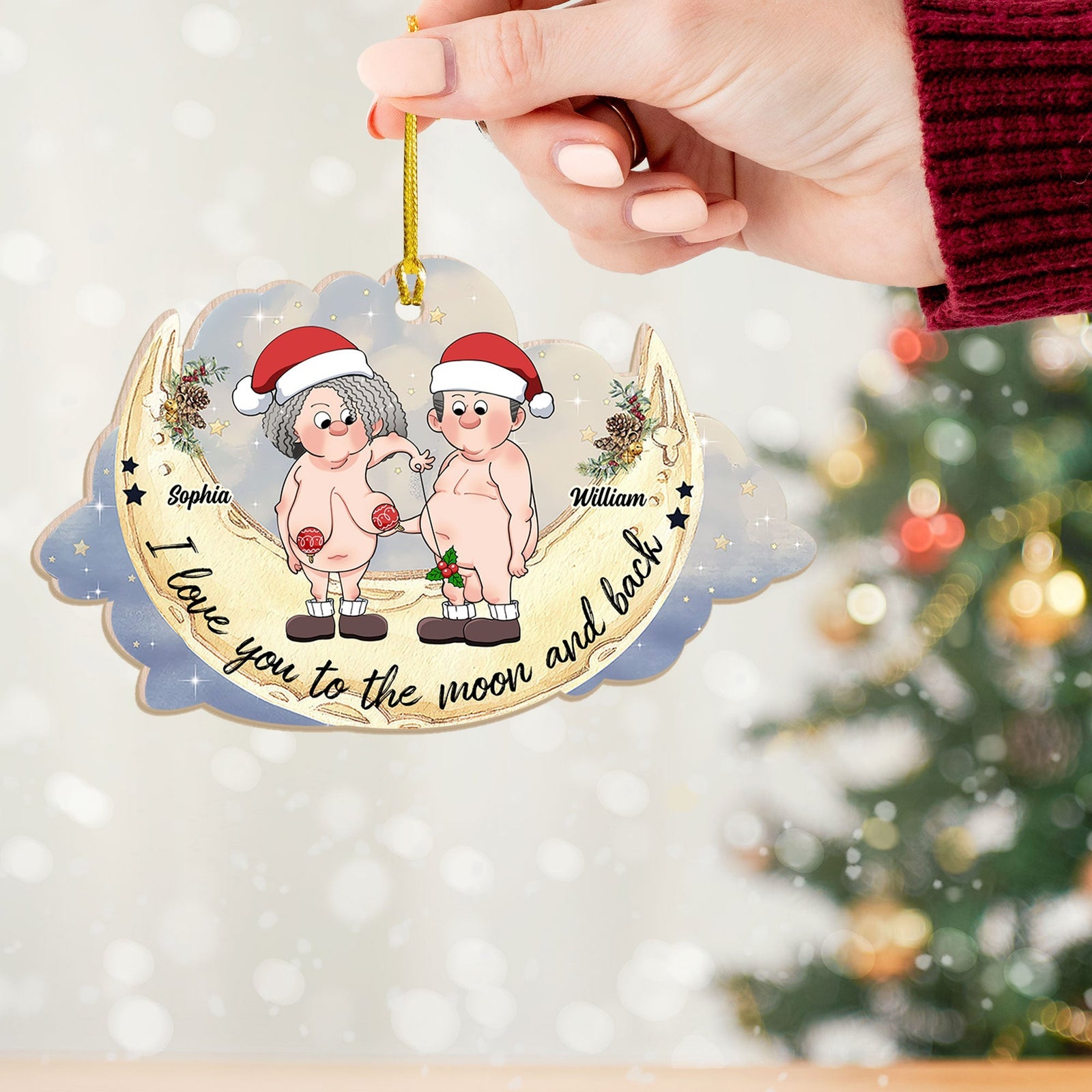 Blisscorners I Love You To The Moon And Back, Funny Couple - Personalized Custom Shaped Wooden Ornament - Gift For Family, Couple Gift2D Flat LM2111