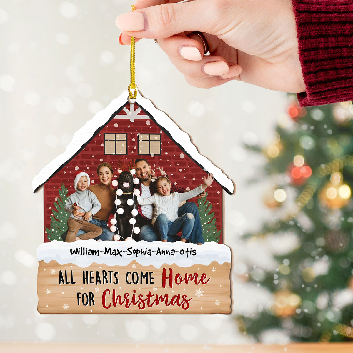 Blisscorners All Hearts Come Home For Christmas, Custom Photo And Name - Personalized Custom Shaped Wooden Ornament - Gift For Family2D Flat LM2111
