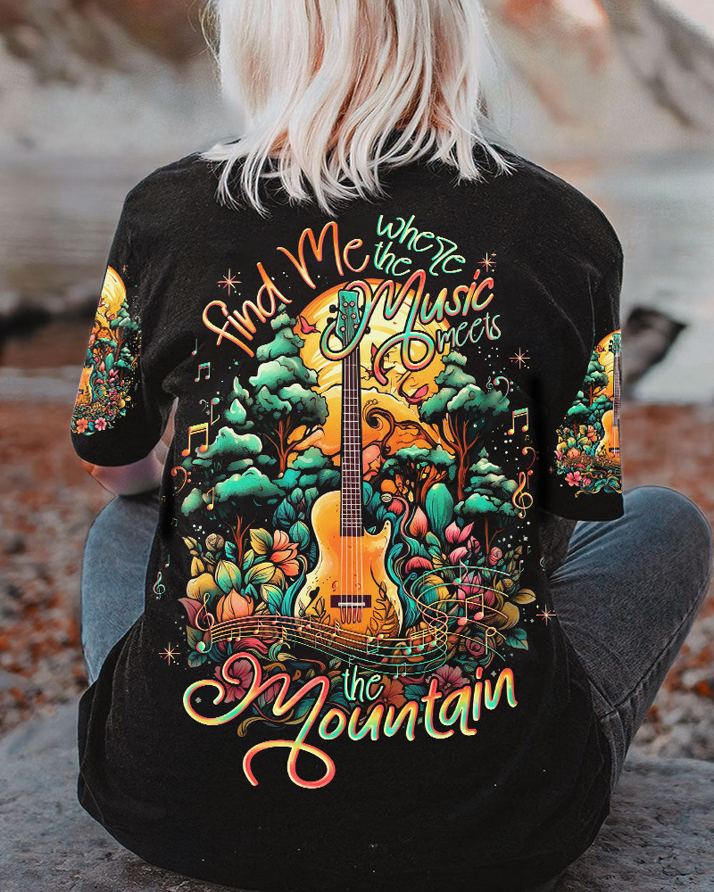 BLISSCORNERS FIND ME WHERE THE MUSIC MEETS THE MOUNTAIN ALL OVER PRINT
