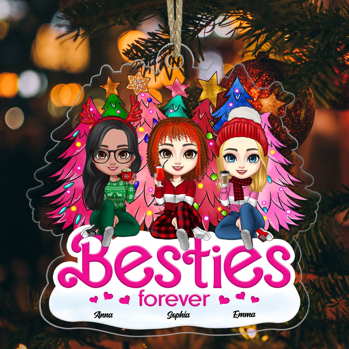 Blisscorners Christmas Besties Forever, Custom Appearances And Names - Personalized Acrylic Ornament2D Flat LM2111