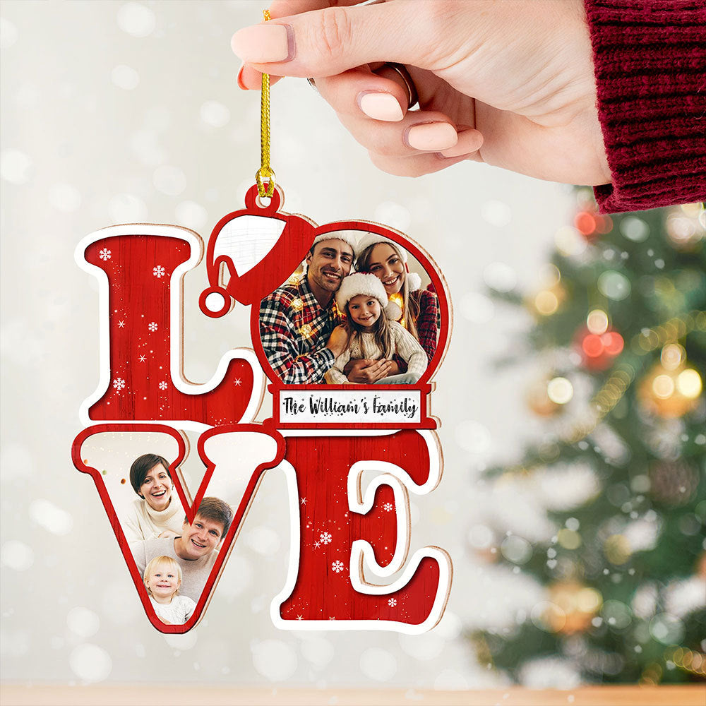 Blisscorners L.O.V.E For Christmas, Custom Photo And Family Name - Personalized Custom Shaped Wooden Ornament - Gift For Family2D Flat LM2111