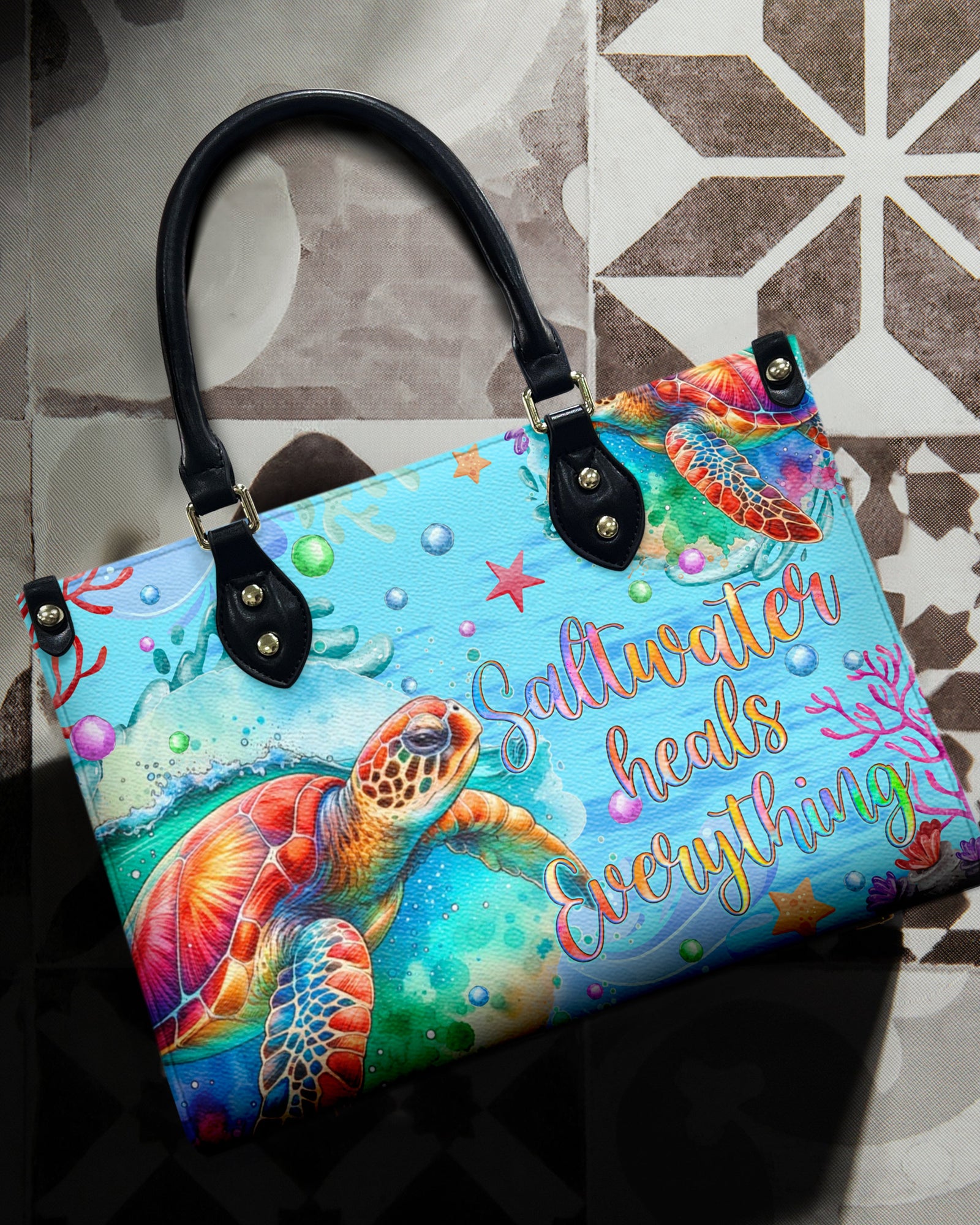 BLISSCORNERS SALTWATER HEALS EVERYTHING TURTLE LEATHER HANDBAG