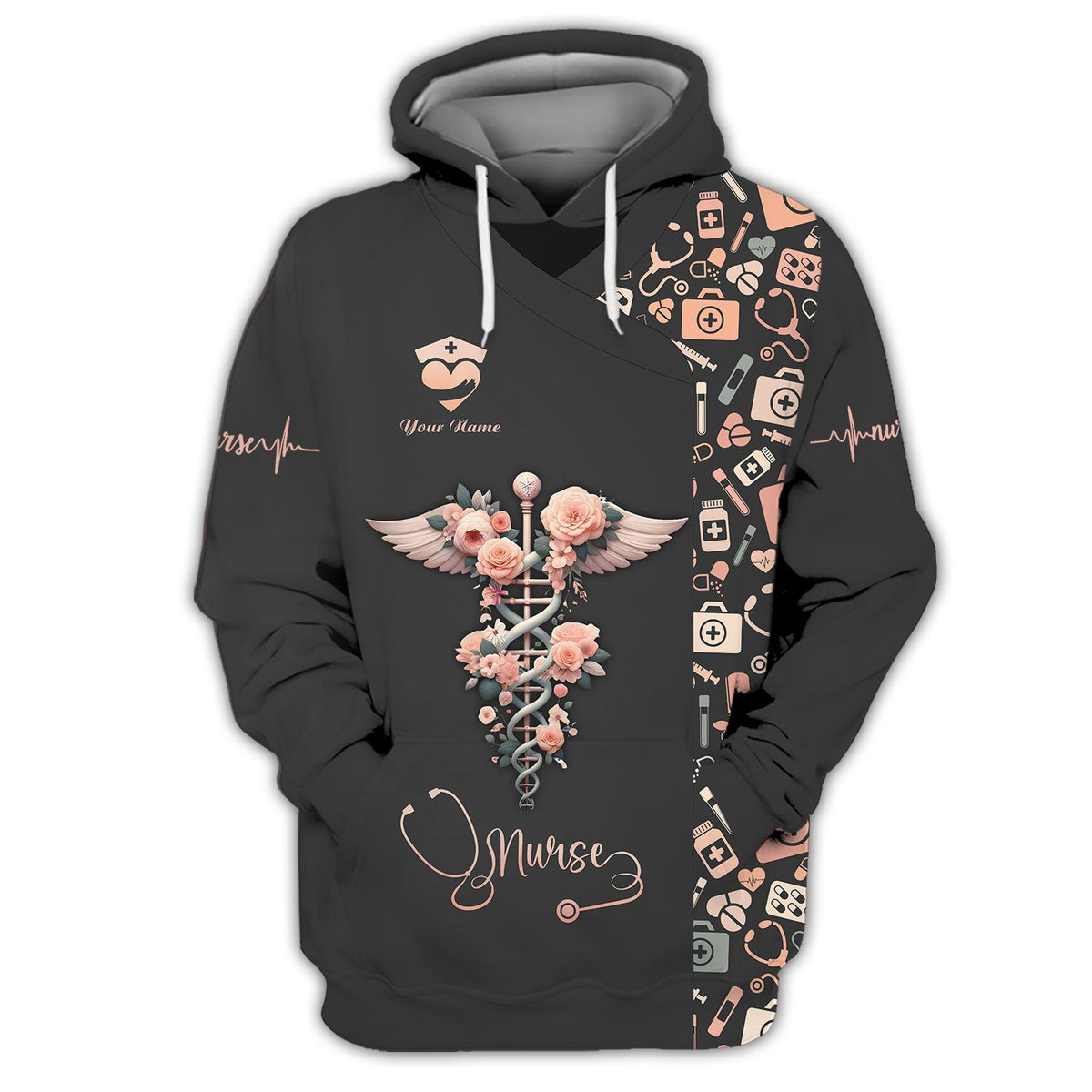 Blisscorners Personalized Nurse Shirt, Floral Caduceus with Angelic Wings Design